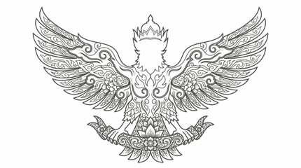 Fototapeta premium Ornate Garuda Emblem Outline, Mythical Bird Crest, Traditional Thai Art Style