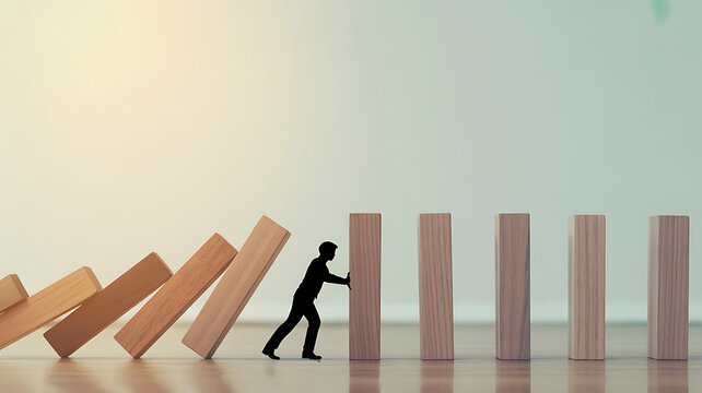A silhouette of a man pushing a domino to stop a falling sequence of wooden blocks on a shiny floor with a gradient background