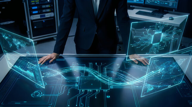 Cybersecurity expert analyzing global network security on interactive transparent display