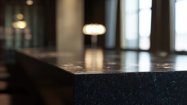 Dark granite countertop with a sparkling finish featuring a blurred modern indoor background with warm lighting and a window, creating a sophisticated and elegant atmosphere