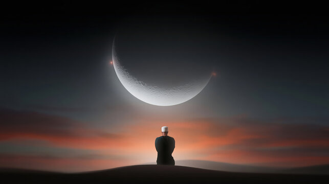 Muslim man prayer silhouette moon sky night worship faith crescent moon cloud sunset spiritual meditation alone