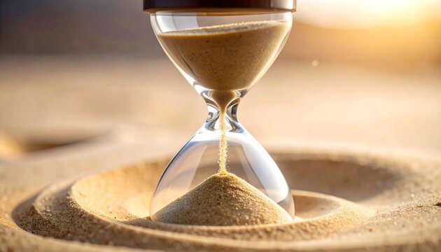 An hourglass on sandy beach at sunset.