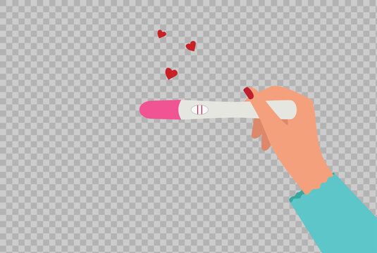 Vector illustration of hand holding a positive pregnancy test kit with heart symbols, concept of pregnancy confirmation, motherhood, and joyful family planning
