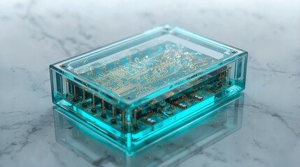 Fototapeta premium Futuristic glass server module submerged in glowing neon teal liquid cooling system