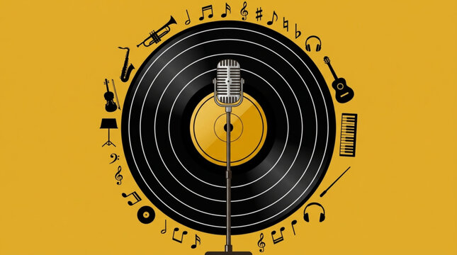 World Music Day A vibrant music illustration with vintage vinyl record, classic microphone, surrounded by various musical instruments and melodic notes