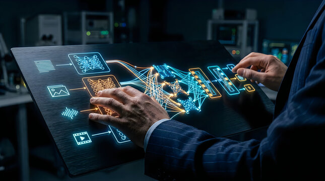 Man interacting with glowing AI algorithm flow diagram