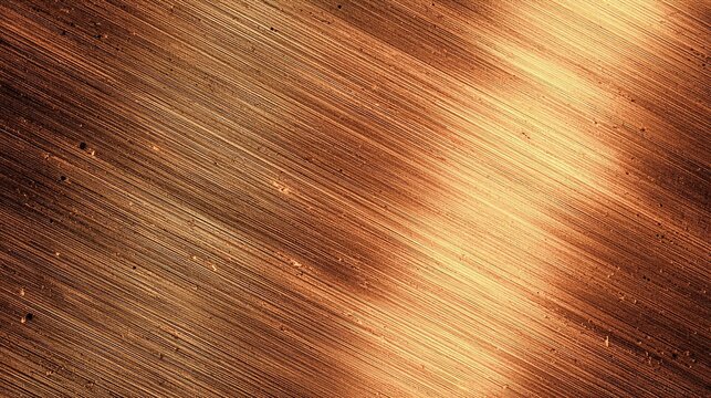 the image presents a brushed copper texture, featuring distinct parallel striations across its surface. bright, elongated light reflections emanate from the bottom right of the frame, arcing upwards a