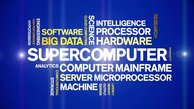 Supercomputer animated word cloud-text design animation tag kinetic typography seamless loop.
