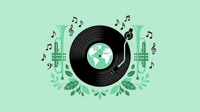 World Music Day Global Music Harmony Illustration A vintage vinyl record with world map, framed by musical trumpets and botanical leaves, symbolizing universal rhythm and nature's soundscape