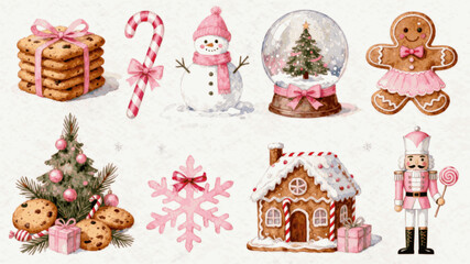 Minimal Pink Christmas Icons Pastel Pink theme Christmas Set isolated watercolor vector illustration svg  © Arun168