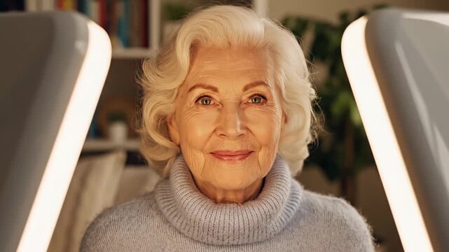 Senior caucasian woman enjoying white daylight therapy session at home wellness space, illuminated by bright light panels with calm smile. Concept of healthy aging and light treatment