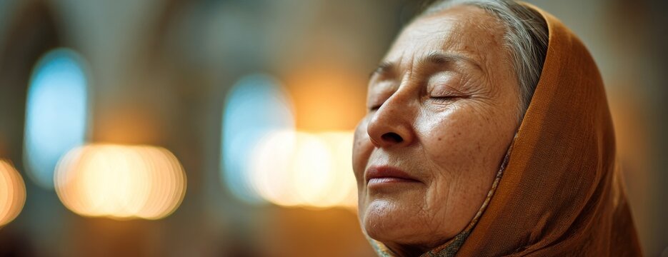Elderly woman in headscarf praying with closed eyes in a church  