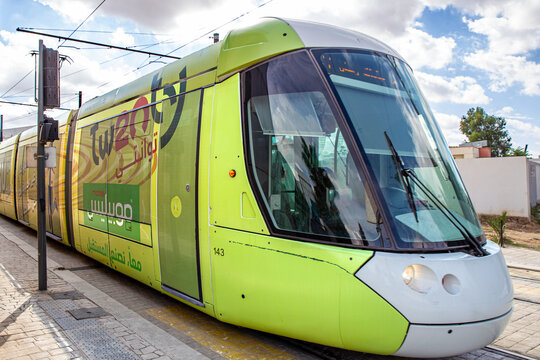 Modern tram in the centre of Constantine. Republic of Algeria