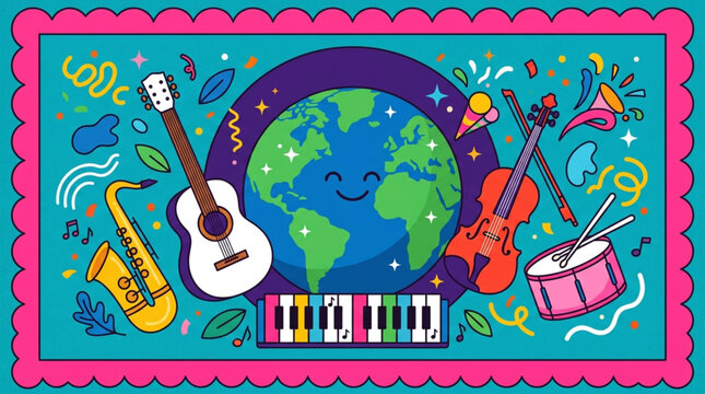 World Music Day Vibrant illustration of a happy Earth with a diverse orchestra of musical instruments, celebrating global harmony and the universal joy of music, set in a festive, colorful frame
