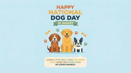 Fototapeta premium Illustration of three happy dogs celebrating National Dog Day with colorful decorations and text on a light blue background