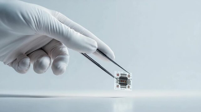 Gloved hand handling advanced bioelectronic microchip for organoid intelligence, neurotechnology research and futuristic laboratory video.