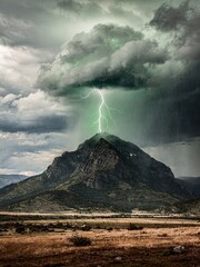 Fototapeta premium Green storm clouds and lightning striking a mountain peak above an open valley for dramatic nature, weather science editorial and outdoor adventure travel