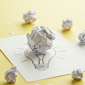 Crumpled paper ball resting on a light bulb sketch used for creative innovation, brainstorming workshops and business idea generation campaigns on a yellow desk