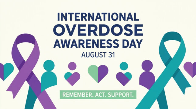A poster for International Overdose Awareness Day on August 31 with purple and teal ribbons and hearts on a beige background