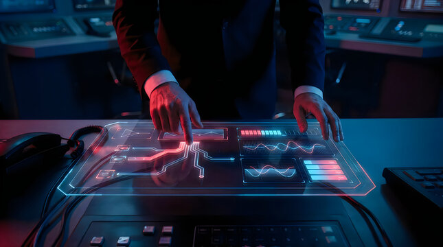 Security expert touching futuristic control panel with glowing data