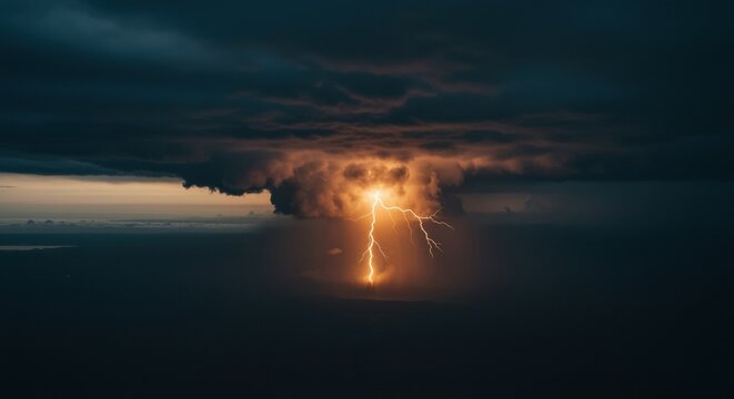 Massive anvil storm clouds with bright orange lightning striking over a dark horizon for meteorology education, weather science documentary and cinematic background