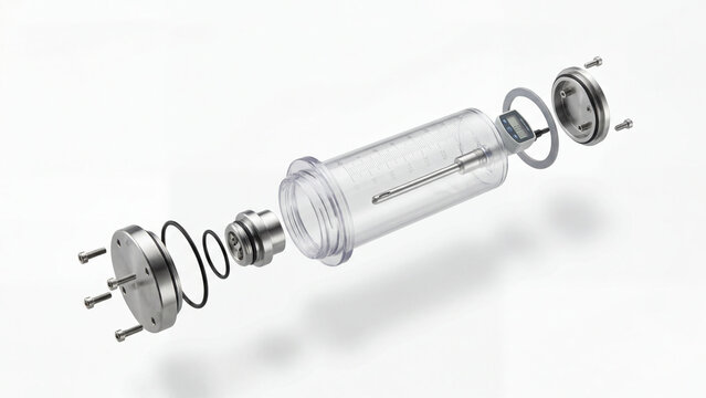 Exploded view of a clear cylindrical device with metal and rubber components