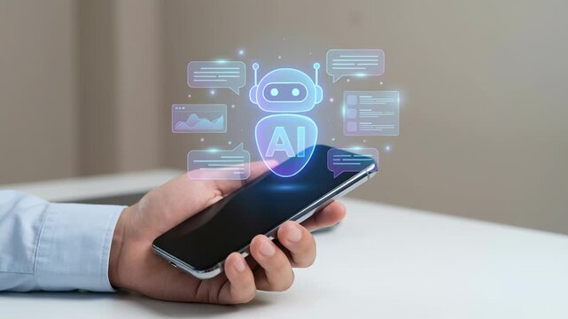 AI chatbot marketing automation process workflow displayed on smartphone screen with customer support and digital communication icons held in hand for optimized interaction