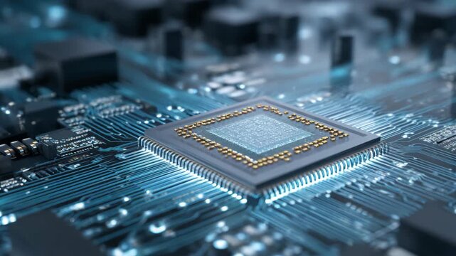 Close up of advanced processor on illuminated motherboard for quantum computing, electronics innovation and future technology video.