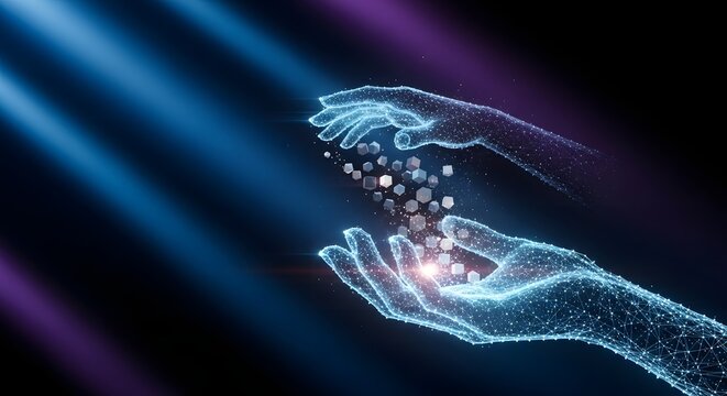 Glowing wireframe hands holding digital floating cubes. Futuristic technology and metaverse concept. Artificial intelligence interacting with virtual data particles.