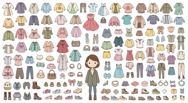 Hand drawn paper doll creator kit, cute girl character with large wardrobe collection, pastel fashion apparel and accessories vector set