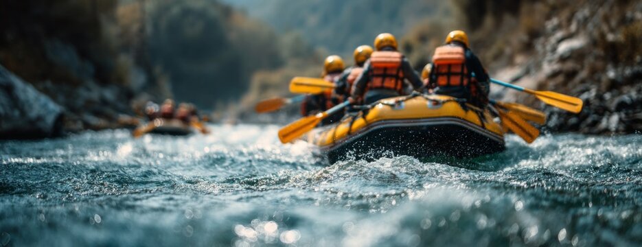 People navigating whitewater rapids in inflatable raft on river  