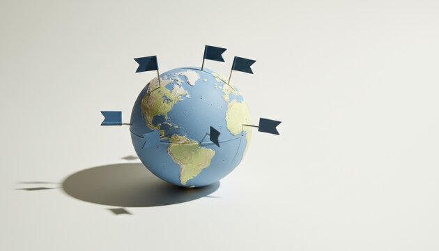Small globe with blue flag pins stands on a bright surface for global travel destination marketing, international business logistics and worldwide connectivity campaigns