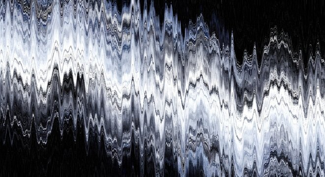 Abstract distorted wave patterns. Digital noise and signal interference. Distorted screen displaying a glitchy black and white texture effect.
