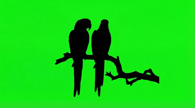 Video Silhouette of two Parrots are sitting in the branch on the green screen background