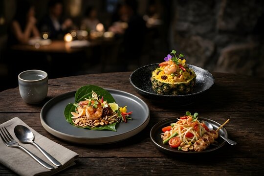 Thai Food Fine Dining Set with Pineapple Fried Rice, Som Tum Papaya Salad, and Miang Kham Appetizer on Wooden Table in Restaurant Background