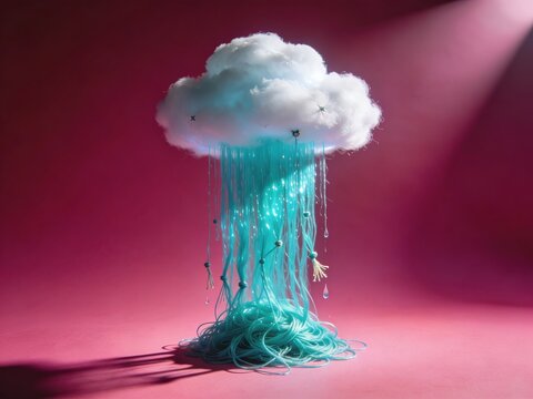Single white fluffy cloud with turquoise silk threads hanging like rain for refreshing beverage campaigns, resort lifestyle covers and summer advertising background