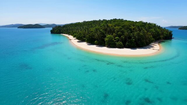 Serene tropical island cove with turquoise waters and dense green forests beach