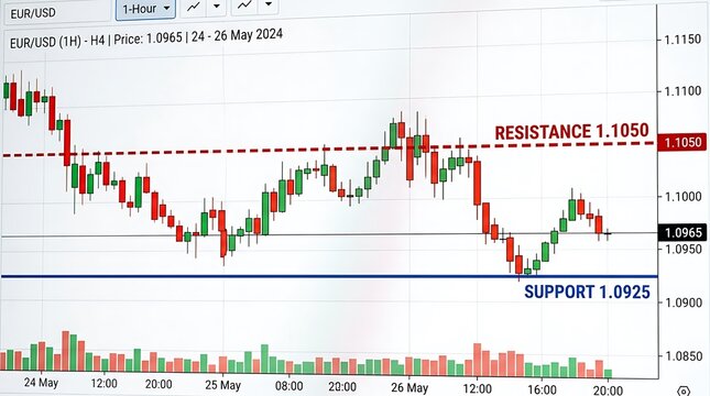 Trading chart displays currency price fluctuations with marked resistance and support levels on screen.