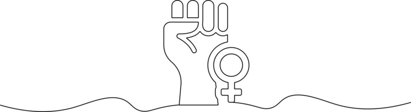 A minimalist line drawing of a raised fist with a female symbol, representing female empowerment and strength.