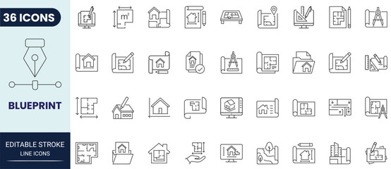 Blueprint icon set in outline style. Collection of blueprint, architecture, construction, engineering, design, and planning icons. Editable stroke. Vector icon collection. © Gretta