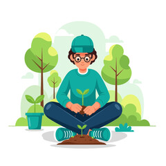Fototapeta premium Young Boy Planting Sprout in Forest Flat Vector Illustration. Earth Day, Sustainability, and Environmental Conservation Concept.