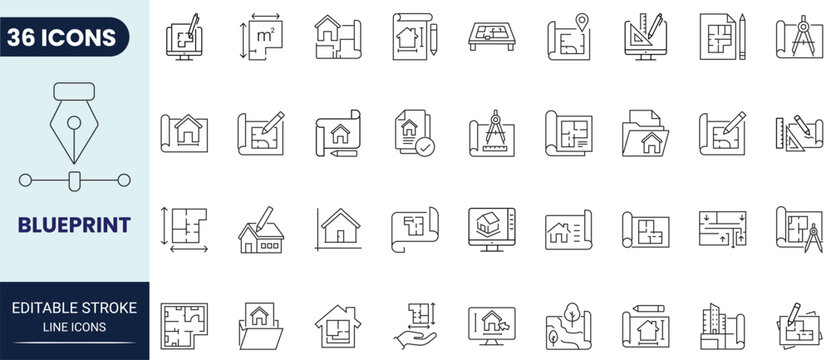 Blueprint icon set in outline style. Collection of blueprint, architecture, construction, engineering, design, and planning icons. Editable stroke. Vector icon collection.