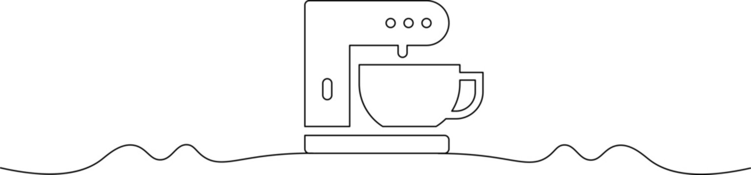 A minimalist line drawing of a coffee maker pouring coffee into a cup on a wavy surface
