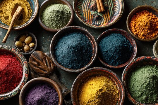 Vibrant Array of Colorful Spices and Powders in Decorative Bowls