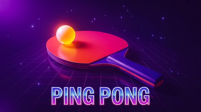 Neon ping pong paddle and ball with retro futuristic glowing background