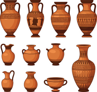 Collection of Ancient Greek and Roman Ceramic Vases and Amphorae with Decorative Patterns and Classic Shapes