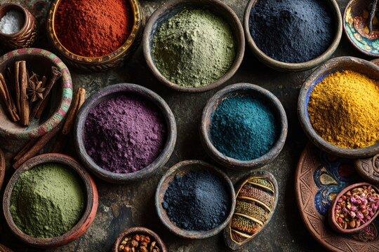 Vibrant Array of Spices and Powders in Rustic Bowls