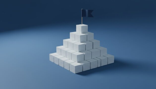 White wooden cubes stacked in a pyramid shape with a blue flag on a plain background for business achievement, career growth and success concept campaigns