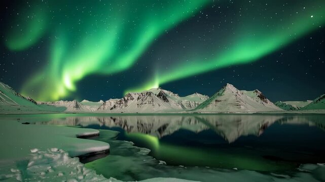 Breathtaking winter landscape with vibrant auroras lighting up the night sky and snowy scenery
