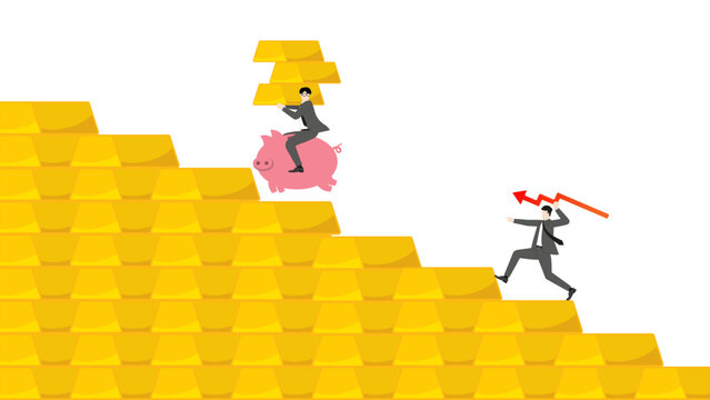 Businessman riding piggy bank jumping down on falling gold bars bar graph staircase escaping red arrow spear during stock market crash and precious metal investment loss